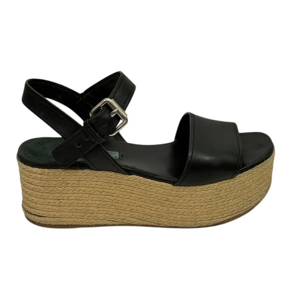 Prada Platform Espadrille Sandals Black Leather Open Toe Size EU 36.5/ US 6.5 - Picture 16 of 16